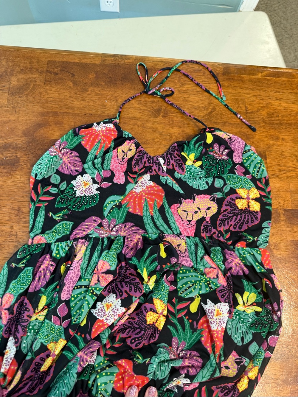 Betsey Johnson Paulina Tropical Jungle Print Mesh Halter Maxi Dress Leopard XL - Picture 5 of 13